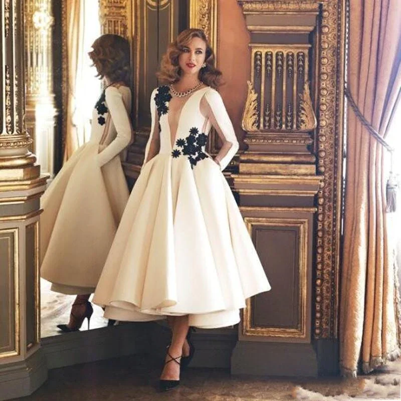 Muslim Evening Dresses 2018 Ball Gown V-neck Long Sleeves Tea Length Satin Islamic Dubai Kaftan Saudi Arabic A-line Evening Gown Muslim Evening Dresses 2018 Ball Gown V-neck Long Sleeves Tea Length Satin Islamic Dubai Kaftan Saudi Arabic A-line Evening Gown