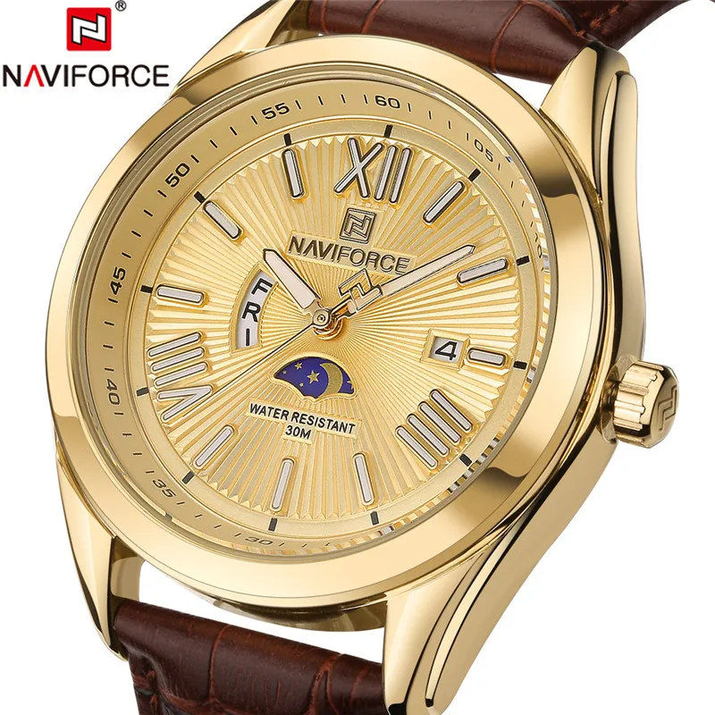 

NAVIFORCE Men's Genuine Leather Strap Dress Watch Mens Watches Top Brand Luxury Quartz Wristwatches Mens Gold Watches Male Clock