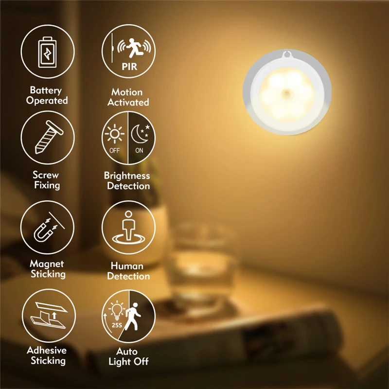 

LED Infrared PIR Detector Lamp Motion Sensor Night Light Battery Operated Magnet or Tape for Closet Cabinet Stairs Wall Lighting