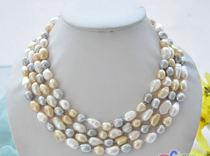 

A P5088 4row 19" 12mm white gray champagne baroque freshwater pearl necklace