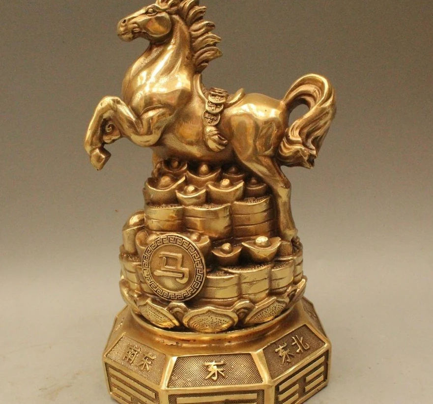 

8" Chinese Fengshui Brass Zodiac Year Horse Coin Yuanbao Money Wealth Statue