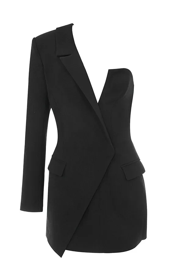 Winter Dress Women Fashion Sexy Black BCotton Dress One Single Long Sleeve Elegant Celebrity Mini Party Dress with Belt