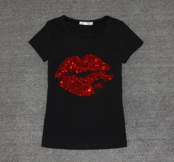 Летняя стильная Сексуальная женская футболка с круглым вырезом и блестками в виде губ, модная футболка с коротким рукавом, Топы XXXL