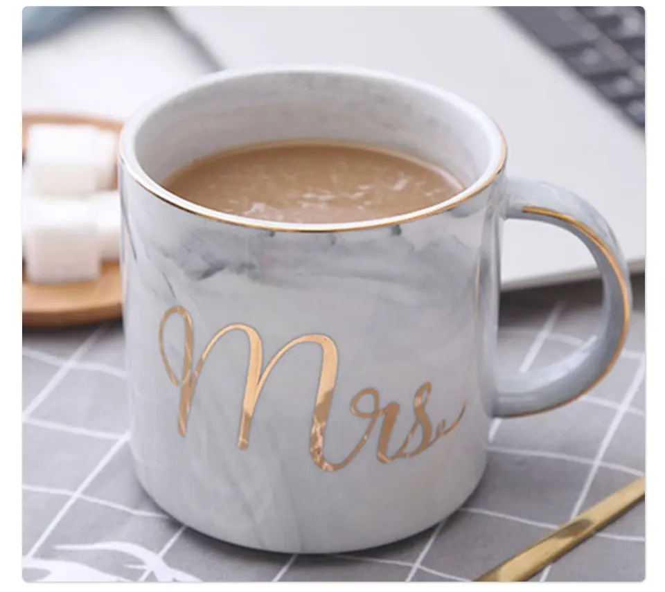 Handpainted Gold Monogram Natural Ceramic Marble Porcelain Tea Cup Mr And Mrs Milk Cup Of Coffee Mugs Creative Wedding Gift (9)