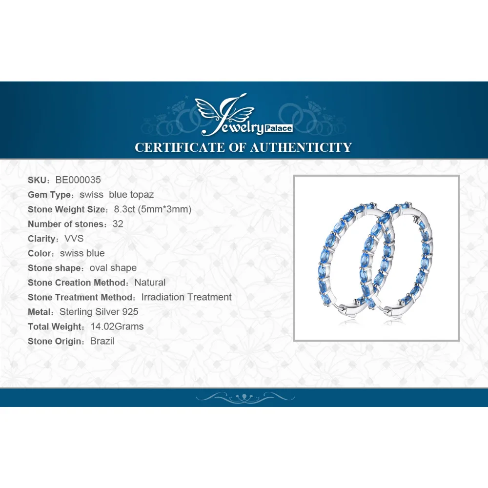 JewelryPalace огромный 13.5ct Природный Голубой топаз Хооп Серьги подлинной 925 пробы