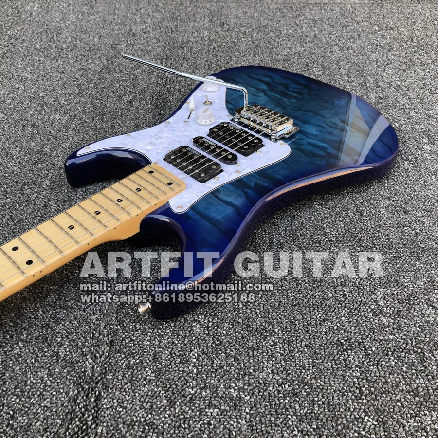 Lake Blue Quilted Maple Top Wilkinson Pickups Tremolo Bridge Coil Split M6 Locking Tuners 6 String Clean Sound Stratocaster Electric Guitar  (6)