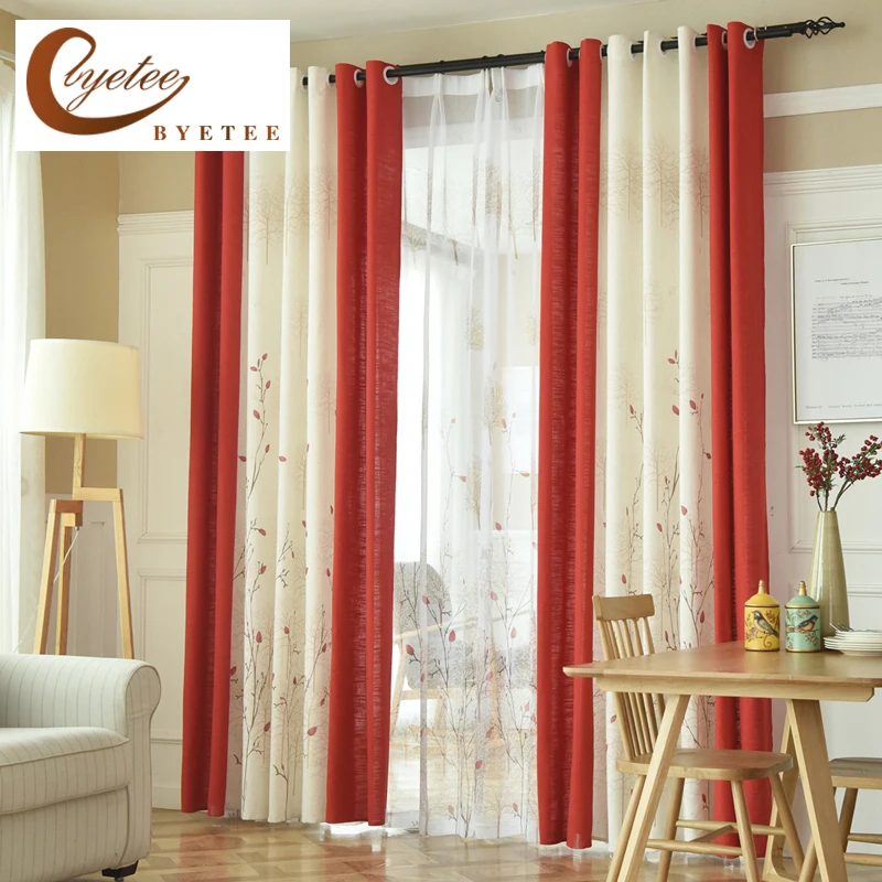 

[byetee] Pastoral Linen Curtains For Living Room Bedroom Curtains Drapes kitchen Red Semi Light Window Curtains Fabrics Cortinas