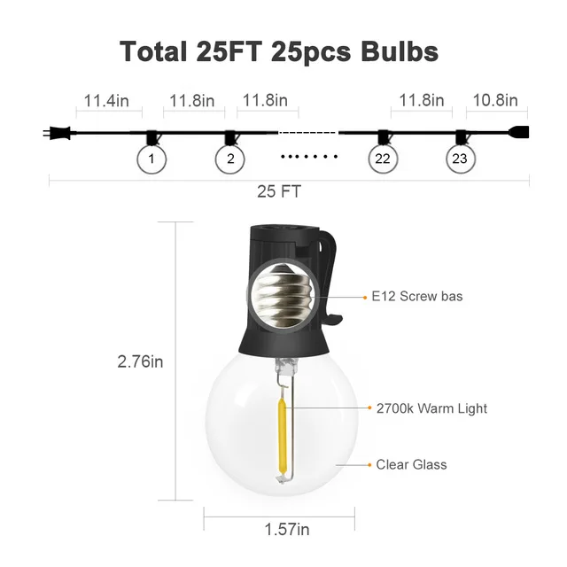 18FT/25FT 10 светодиодный/23 светодиодный G40 лампа для рождества Хэллоуина наружная гирлянда с 2 запасными лампами - Испускаемый цвет: 25FT 25LED