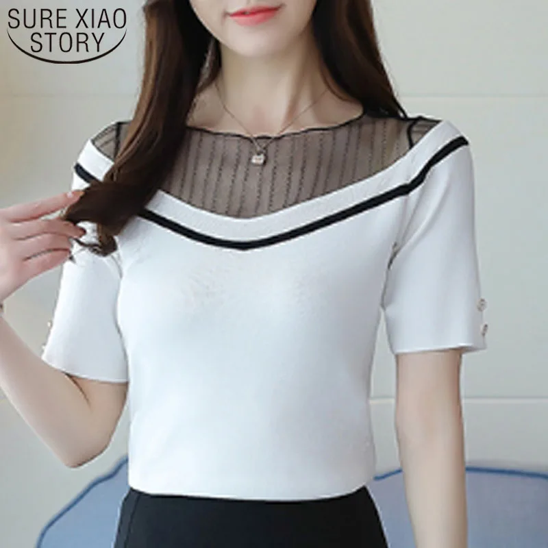 

Lady Shirt Women Blouse and Top 2019 Summer Short Sleeve Shirt Women Solid Color Ladies Top Harajuku Mesh Knit Bottoming 3134 50
