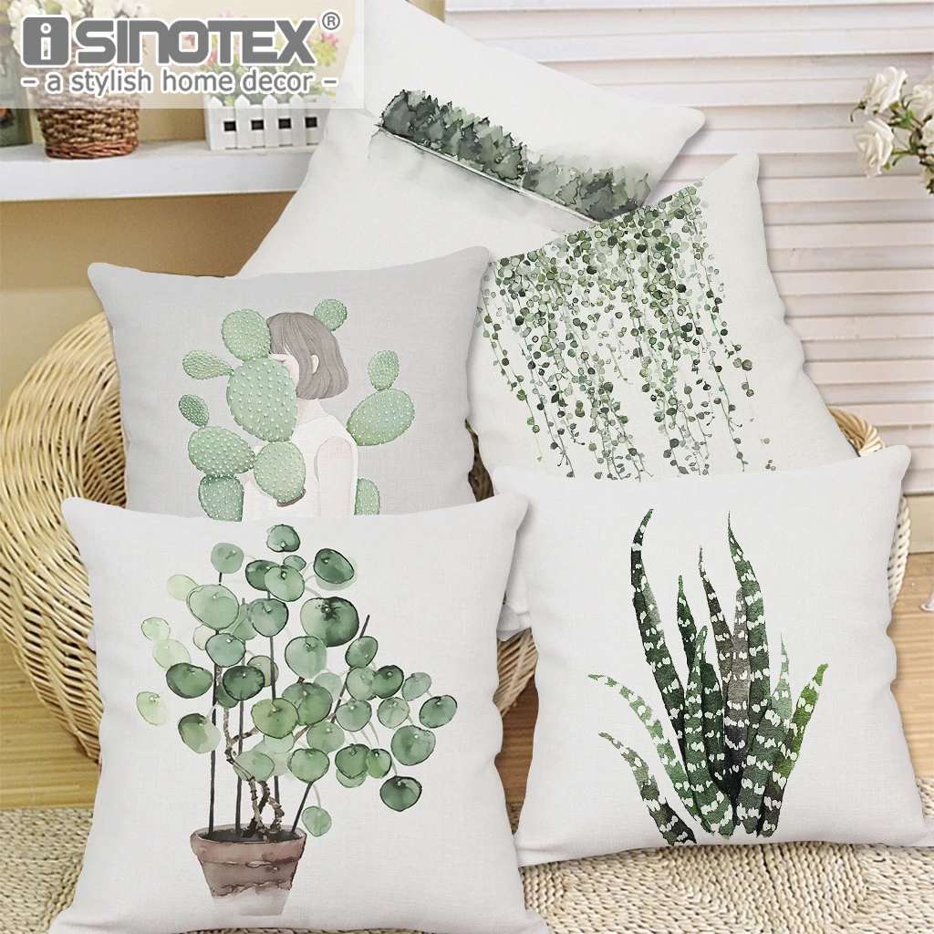 

45x45cm Household Cute Green Planted Printed Cushion Cover Cotton Linen Throw Pillowcase Home Sofa Car Chair Pillow Case Decor