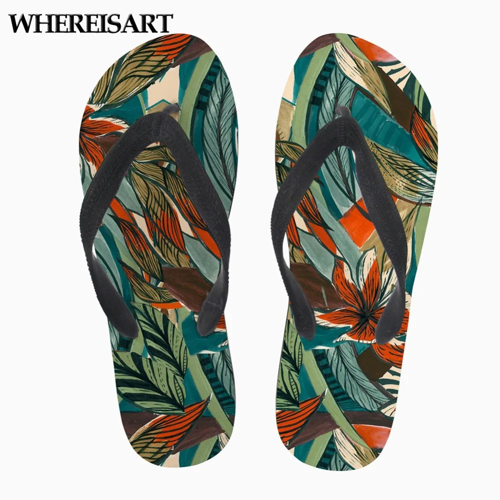 

WHEREISTAR New Arrival Women Fashion Flip Flops 3D Green Plant Pattern Print Summer Casual Flats For Female Non-slip slippers
