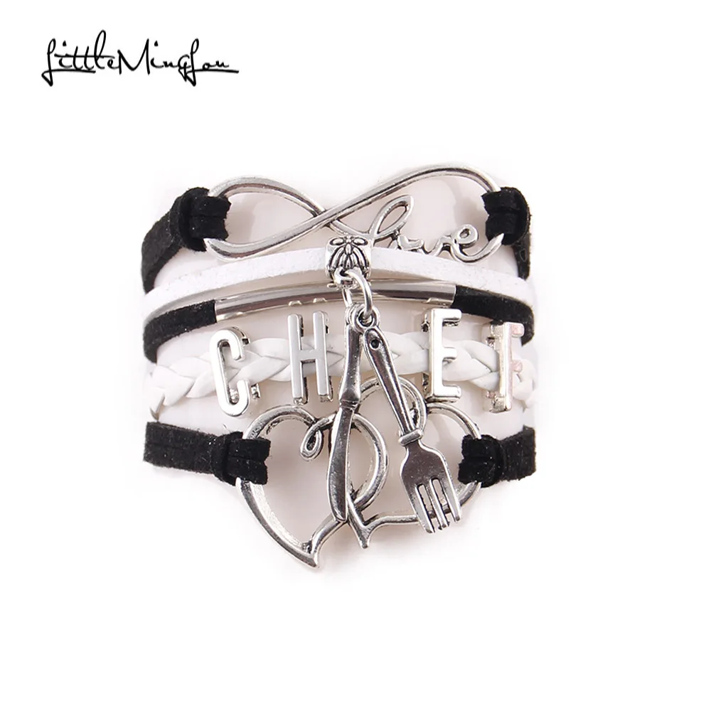 

Little Ming Lou Infinity Love CHEF bracelet Knife and fork double heart charms leather men bracelets & bangles for women jewelry