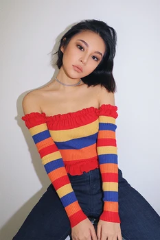 

Blusas Mujer De Moda 2018 Women Sweaters and Pullovers , Plus Size Women Slash Neck Rainbow Sweater ,Korean Knit Sweater Women