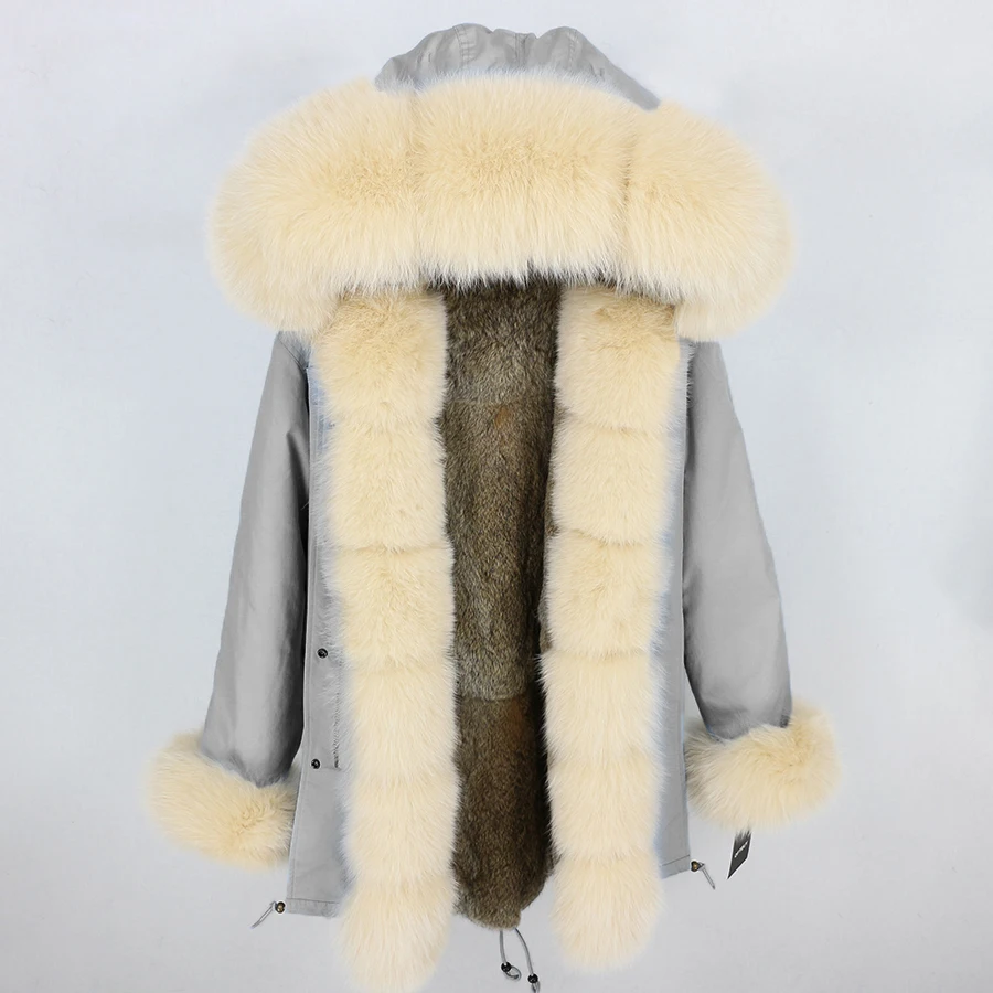 Пальто из натурального меха, длинная парка, зимняя куртка, женская верхняя одежда, Воротник из натурального Лисьего меха, капюшон, подкладка из кроличьего меха, роскошная Толстая теплая брендовая Новинка - Цвет: 14