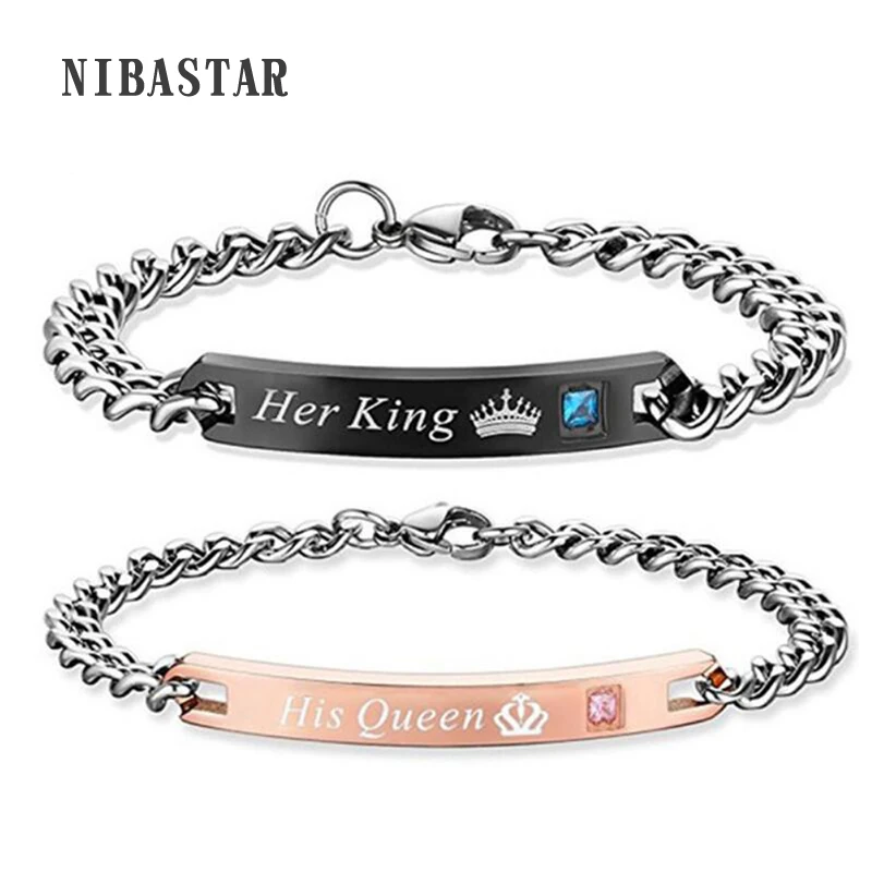 

His Queen Her King Couple Bracelets Crystal Stainless Steel Pair Bracelets Heart Crown Charm For Women Men Jewelry