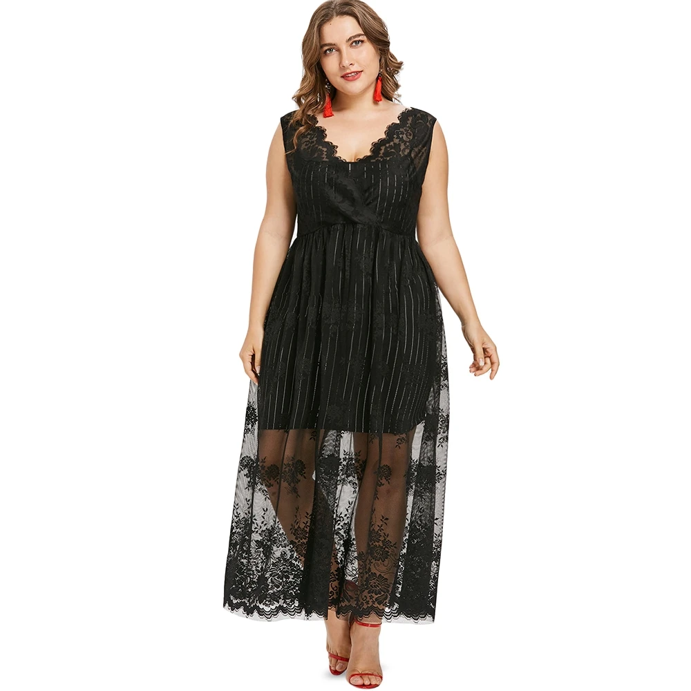 

Summer Women V Neck Dress Plus Size Stripe Dresses Sexy Club Party Sleeveless Maxi Lace Crochet Cover Up Dress Black XXL 4XL 5XL