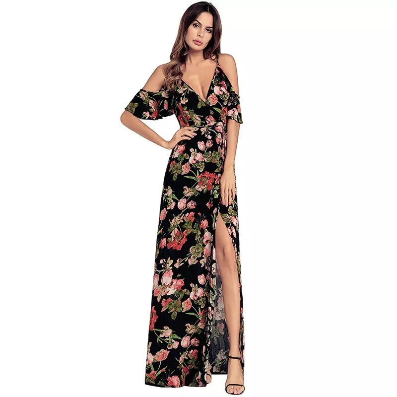 

MingJieBiHuo Fashion women elegant korean dress new arrival OL office sexy v-neck spaghetti strap beach boho print long dress