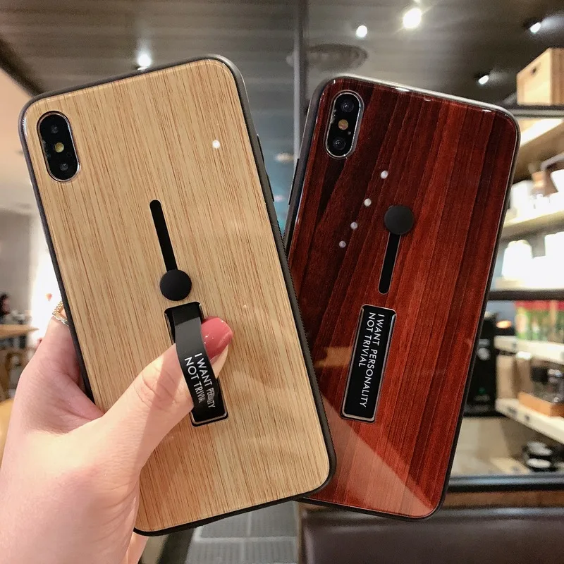 Case for IPhone 7 X XR 8 6S XS 6 Luxury Natural Wooden Grain Loop Ring Cases Iphone Plus Glass Mirror |