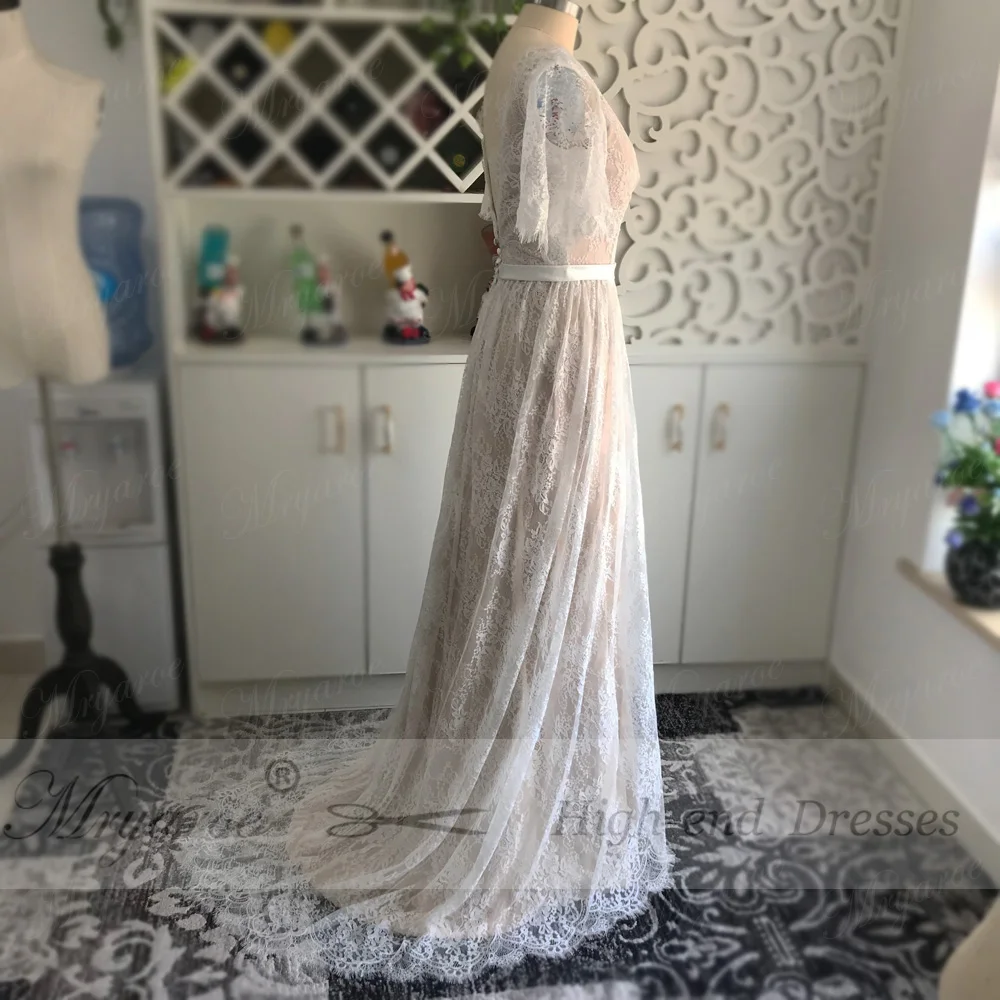 Mryarce New Arrival Flare Sleeves Lace Bohemian Garden Wedding Dress V Neck A Line Open Back Boho Bridal Gowns 6