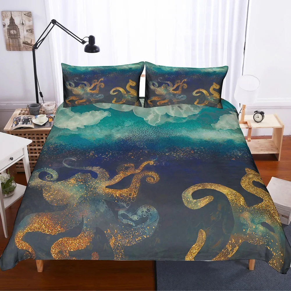 

3D Printed Blue/Gloden Octopus in Deep Sea Microfiber Duvet Cover Sea Animals Theme Kids Bedding Set 3 Pieces with 2 Pillowcase