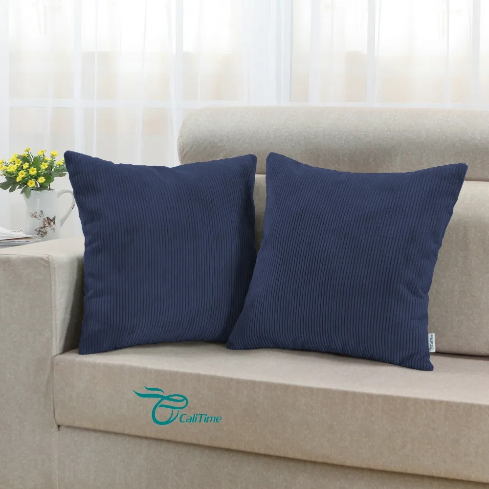 

2PCS Square CaliTime Cushion Cover Pillows Shell Corduroy Striped Super Soft Comfortable 20" X 20" (50cm X 50cm) Navy Blue