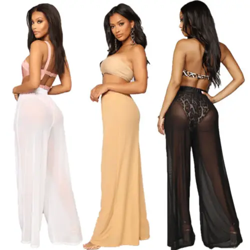 

Women Wide Leg High Waist Trousers Beach Long Loose Mesh Sheer Pants Women's Fashion Mesh Pants Boho