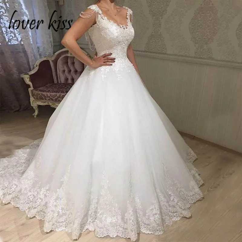 

Lover Kiss Vestido De Noiva Modest Lace Appliques Wedding Dress Crystal Tassel Corset Summer Weddings Bridal Gowns robe mariee