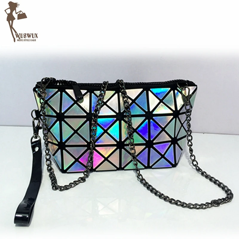 

WUSWUX fashion laser PU Geometric folding women bag 2016 handbag clutch brand women messenger bags Chain shoulder bag 7 colors