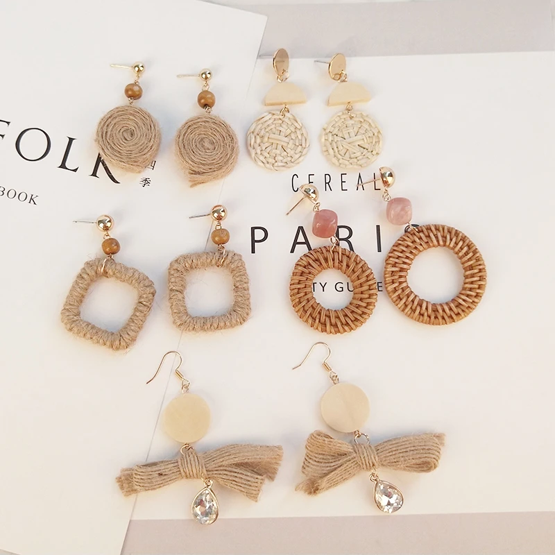 GUANLONG Classic Handmade Wooden Straw Weave Rattan Braid Earrings for Women 2018 New Long Drop Earrings Fashion Dangle Brincos (2)