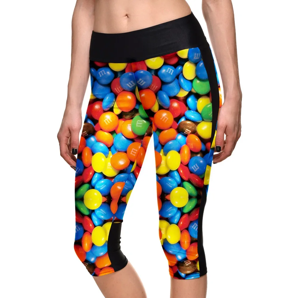 

Colors Candy Pattern Printing High Waist Breathable Capril Pants Side Pocket Casual Style Summer Elastic Force Leggings For Lady