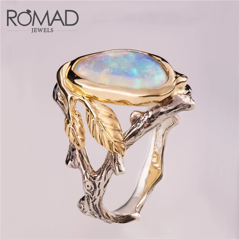 

ROMAD Vintage Silver Gold Color Leaves Ring Blue Fire Opal Flower Rings For Woman Gifts Wedding Engagement Statement Ring R4