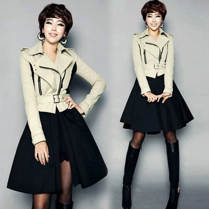 2018 Spring Autumn Clothing Solid Color Lady Long Windbreak Double Breasted Slim Women Stitching trench coat Skirt Trench Coat | Женская