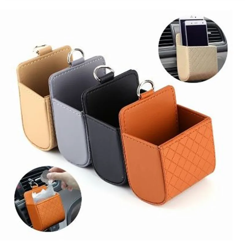 

Car Organizer Air Outlet Dashboard Hanging Box Bag PU Leather Seat Back Tidy Storage Bag Coin Mobile Phone Holder Car-Styling