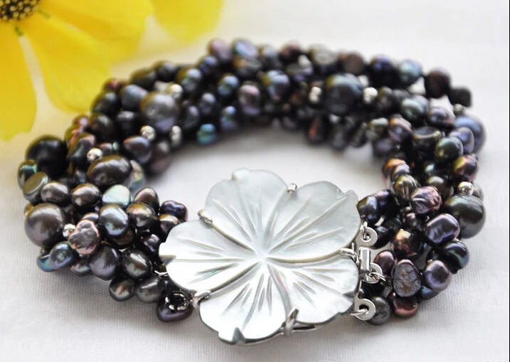 

shipping6strands 6mm baroque round black freshwater pearl bracelet 8inch 5.25
