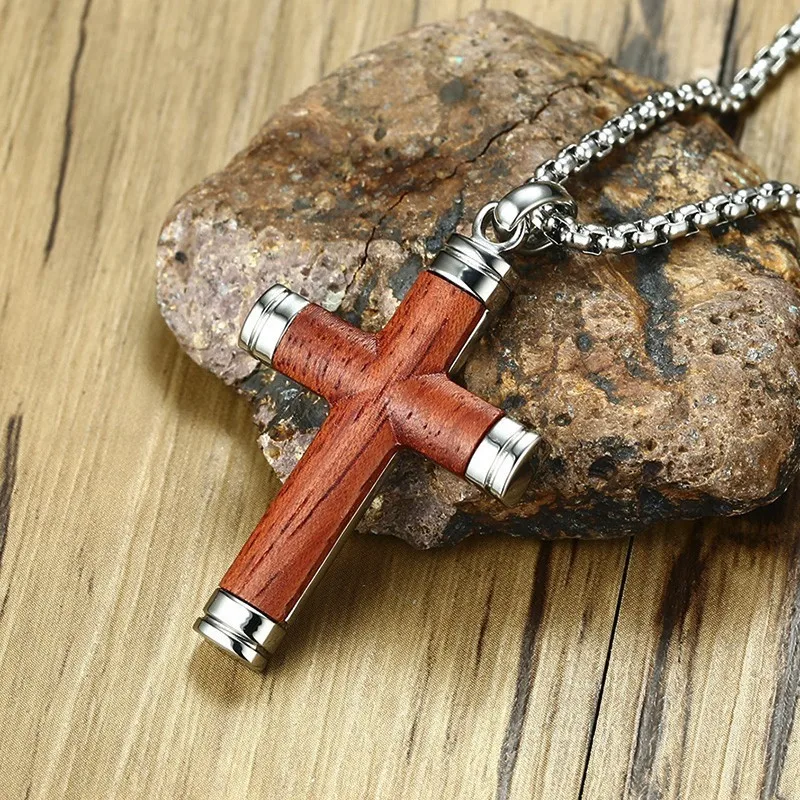Men's Wood Cross Necklace Pendant Stainless Steel 24 Chain - Brown / Stainless Steel / Wood