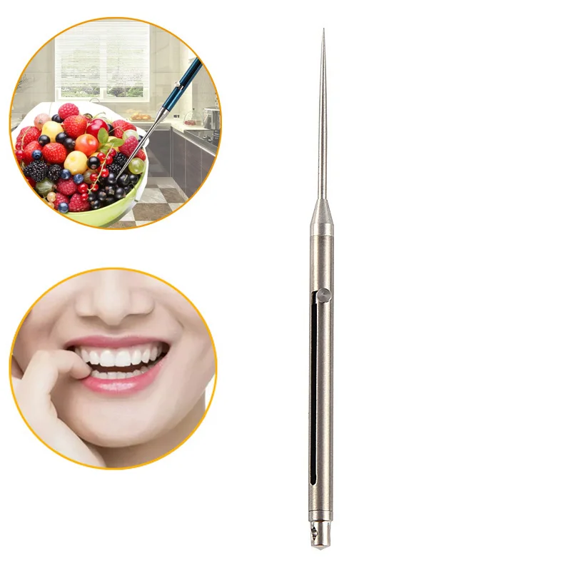 

Titanium toothpick portable fruit toothpick creative multi-function spring retractable toothpick