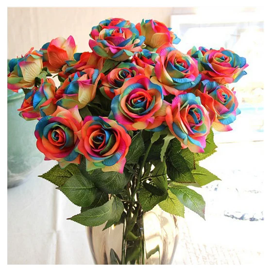Искусственные розы свадебный букет свадебные украшения пряди-12 шт(цвет радуги