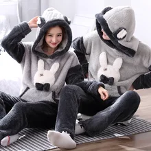 Мужские пижамы из кораллового флиса с капюшоном, комплект пижамы с милым Кроликом, унисекс, домашняя одежда для влюбленных, зимние толстые Мужские пижамные костюмы