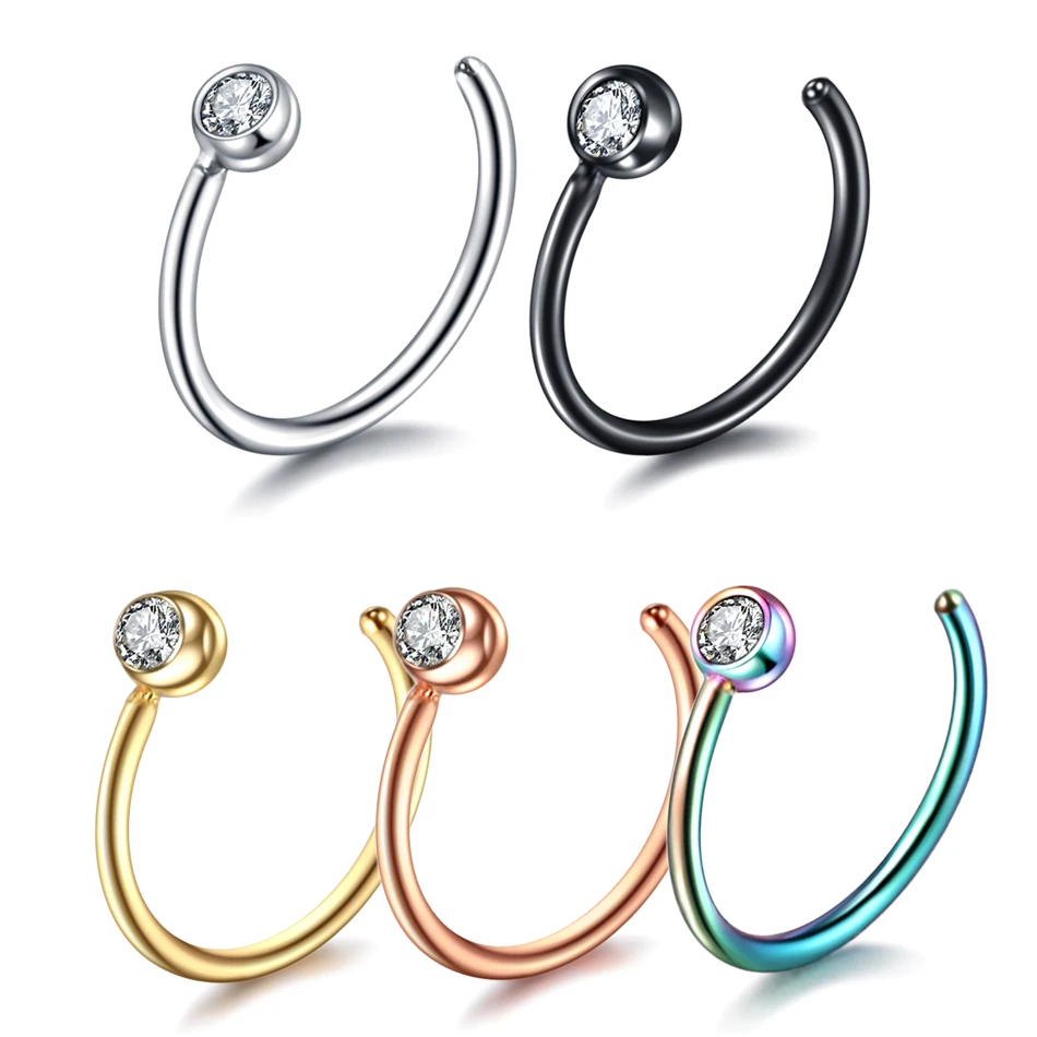 

1PC Women Stainless Steel Nostril Nose Hoop Stud Ring Clip On Nose Body Jewelry Fake Piercing Jewelry Silver Black Gold Rainbow