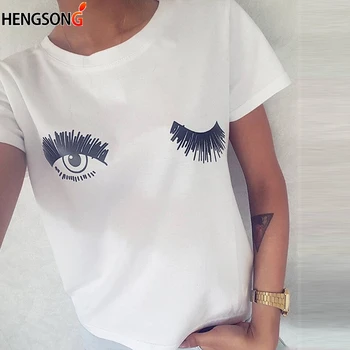 

2018 New Casual Cute T-shirts Wink Eyes And Eyelashes Printed Women Tops Short Sleeve Tshirts White O Neck Summer Blusas
