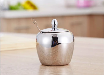 

304 Stainless Steel Super Quality Salt Pigs Lovely Apple Shape Spice Jar Cellars With Spoon Cover Free Shipping