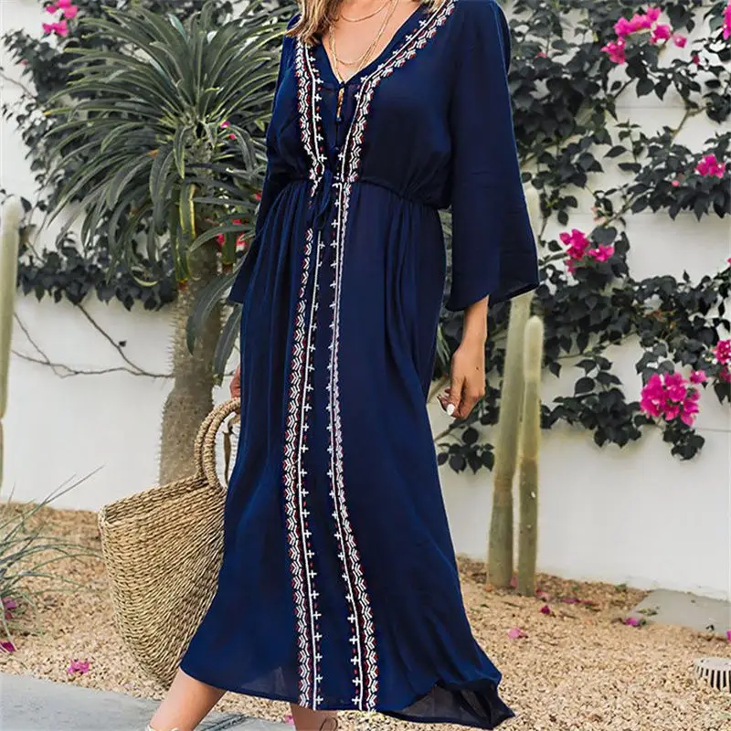 Boho Embroidery V Neck Blue Maxi Dress ...