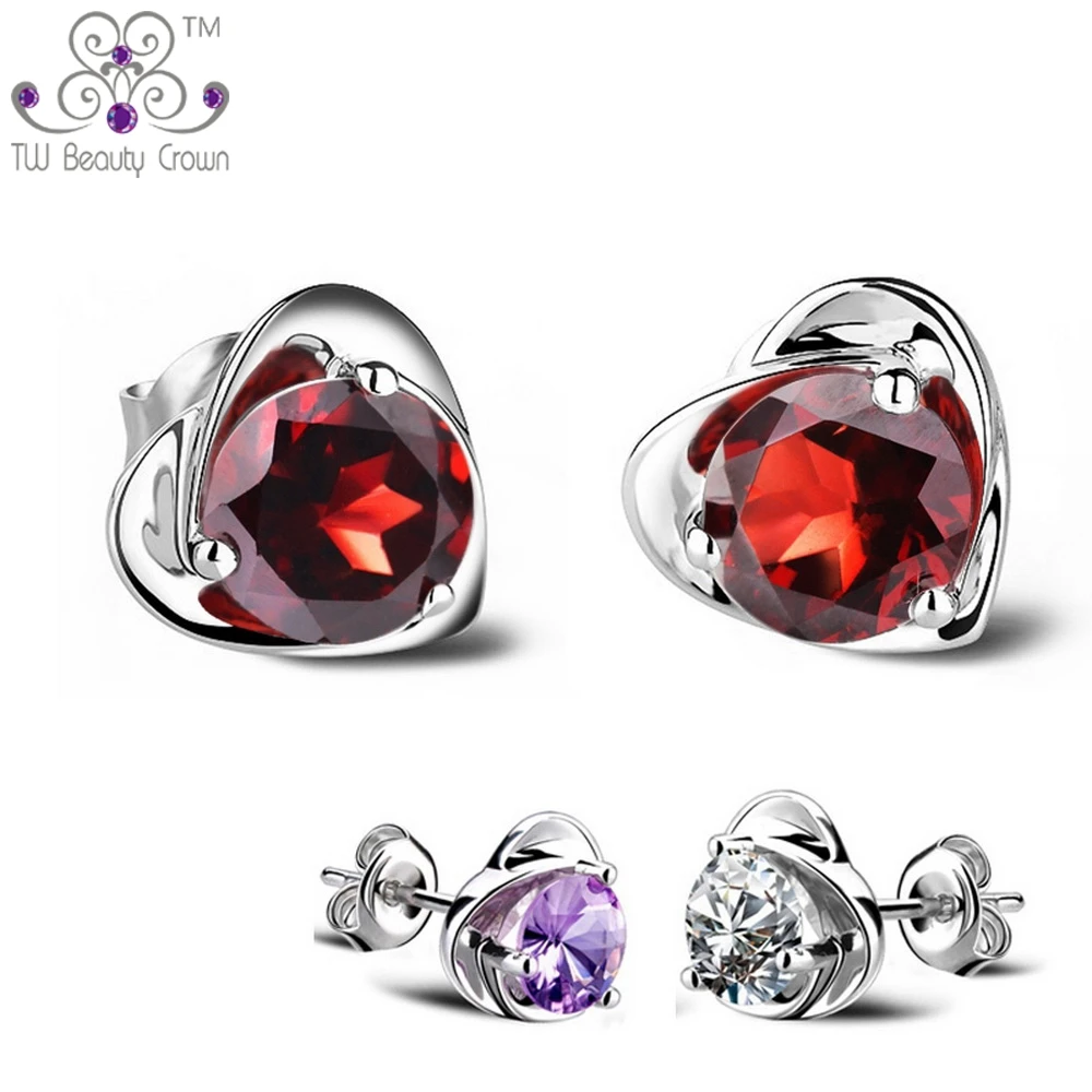 

Real 925 Sterling Silver Elegant Red Crystal Cubic Zirconia Heart Stud Earrings Lots For Women Wholesale Jewelry Factory Price