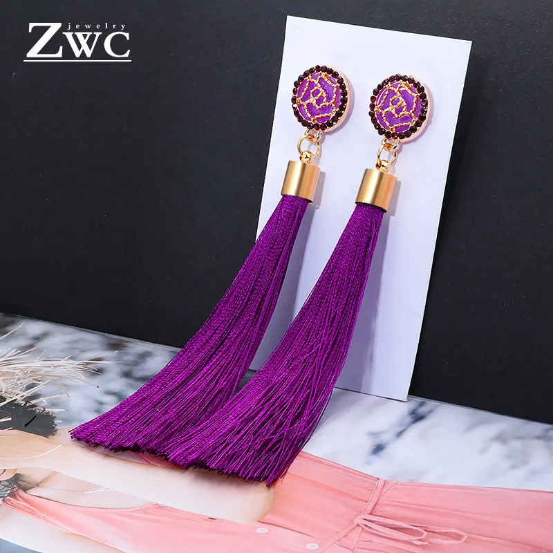 ZWC, Модный кристалл, Длинная кисточка, висячие серьги для женщин, женские богемные Этнические красные и черные Ювелирные серьги с бахромой оптом - Окраска металла: PurpleA