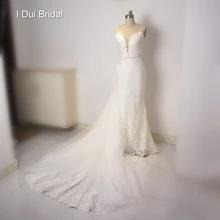 Съемный поезд оболочка свадебное платье Высокое качество кружева низкая спина глубокий v-образный вырез
