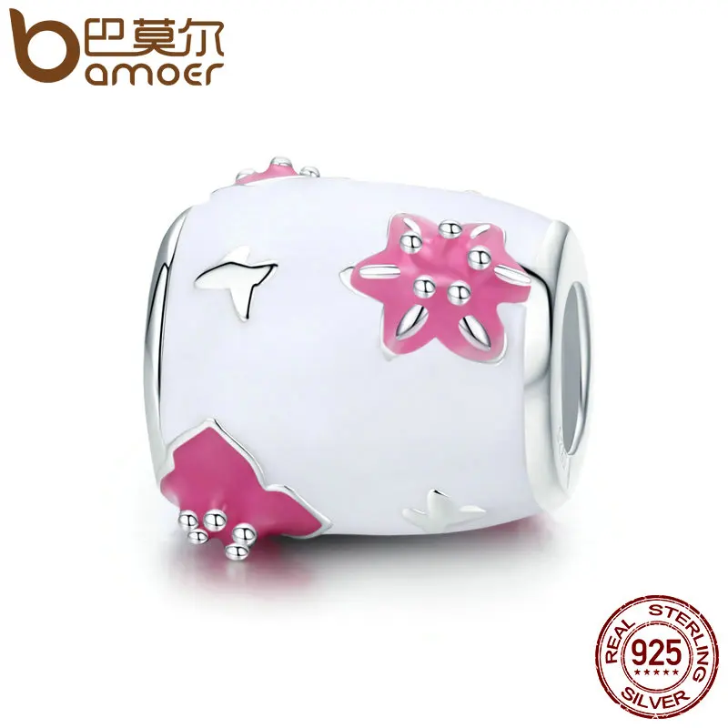 

BAMOER Real 100% 925 Sterling Silver Cherry Flower & Butterfly Mixed Enamel Round Beads Fit Charm Bracelet DIY Jewelry SCC446