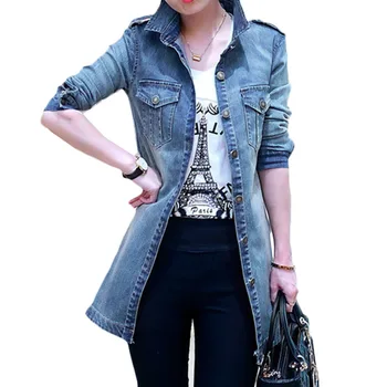 

2019 Spring Autumn Women New Denim Windbreaker coat Fashion Slim Long Women's Trench coat Casual Plus size Hole Overcoat e064