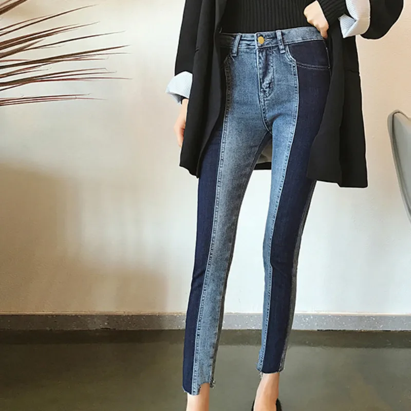 

High Waisted Jeans Skinny Ankle-Length Pants Pencil Pants Skinny Washed Spliced Button Pockets Zipper Fly Cotton