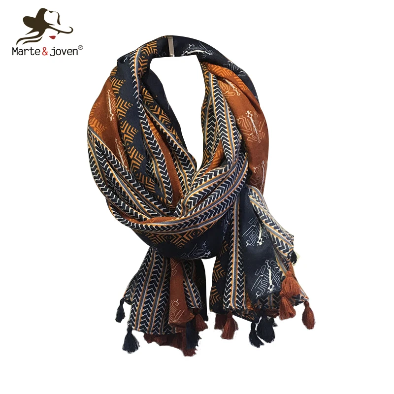 

Marte&Joven Retro Geometric Printing Warm Scarf Shawls for Women Fashion Tassels Brown Long Wraps Ladies Spring Autumn Pashmina