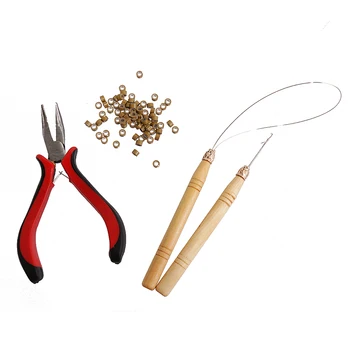 

Micro Hair Extension Clip Rings Beads Metal Pliers Wood Hook Loop Needle Tool Kit Hair Styling Tools Accessories